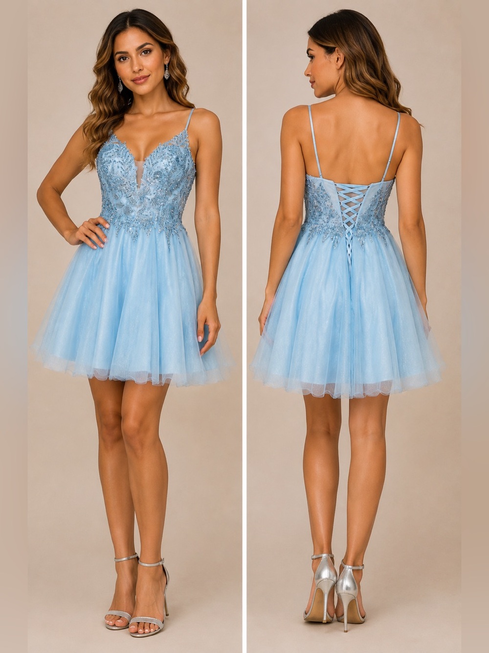 Light Blue Beaded Corset Tulle Mini Dress Size 8 NWT Homecoming Prom